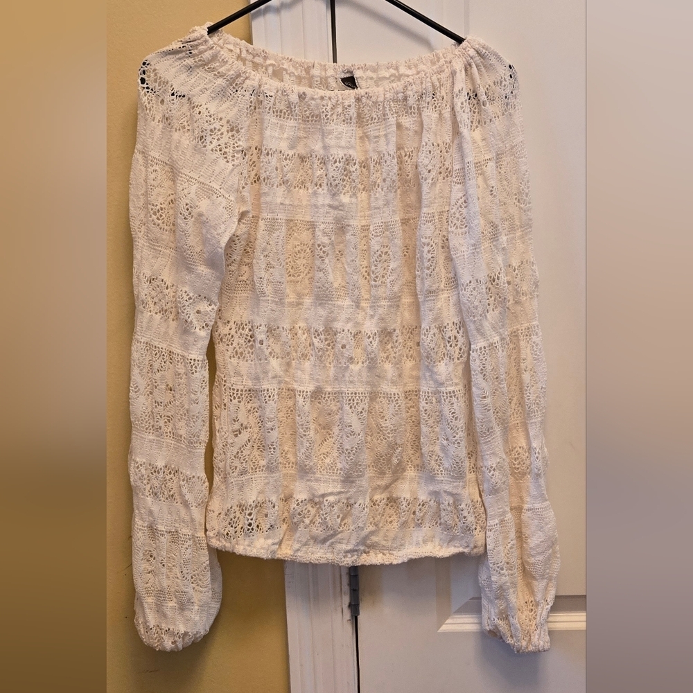 Womens Cream Romantic Off-the-Shoulder Smocked Blouse with Long Sleeves Y2k